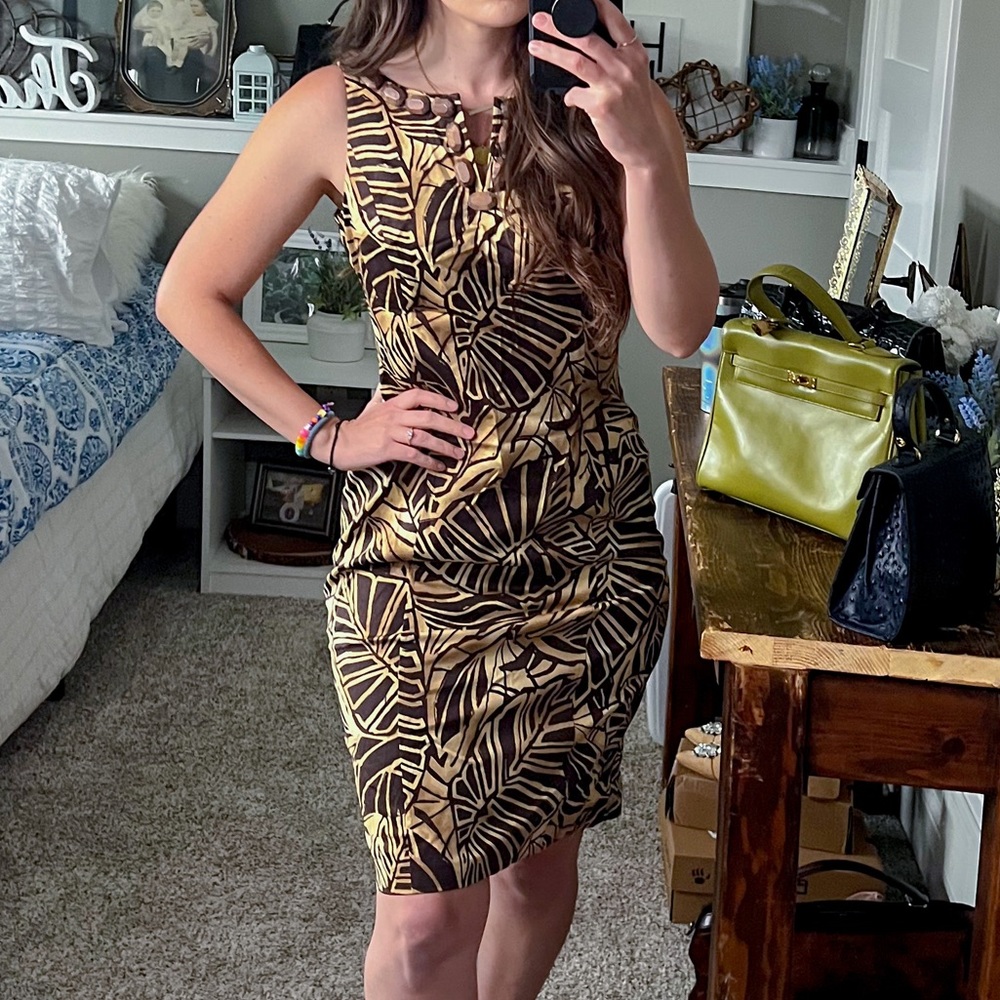 Jones New York animal tribal safari print sleeveless midi sleek dress fitted A